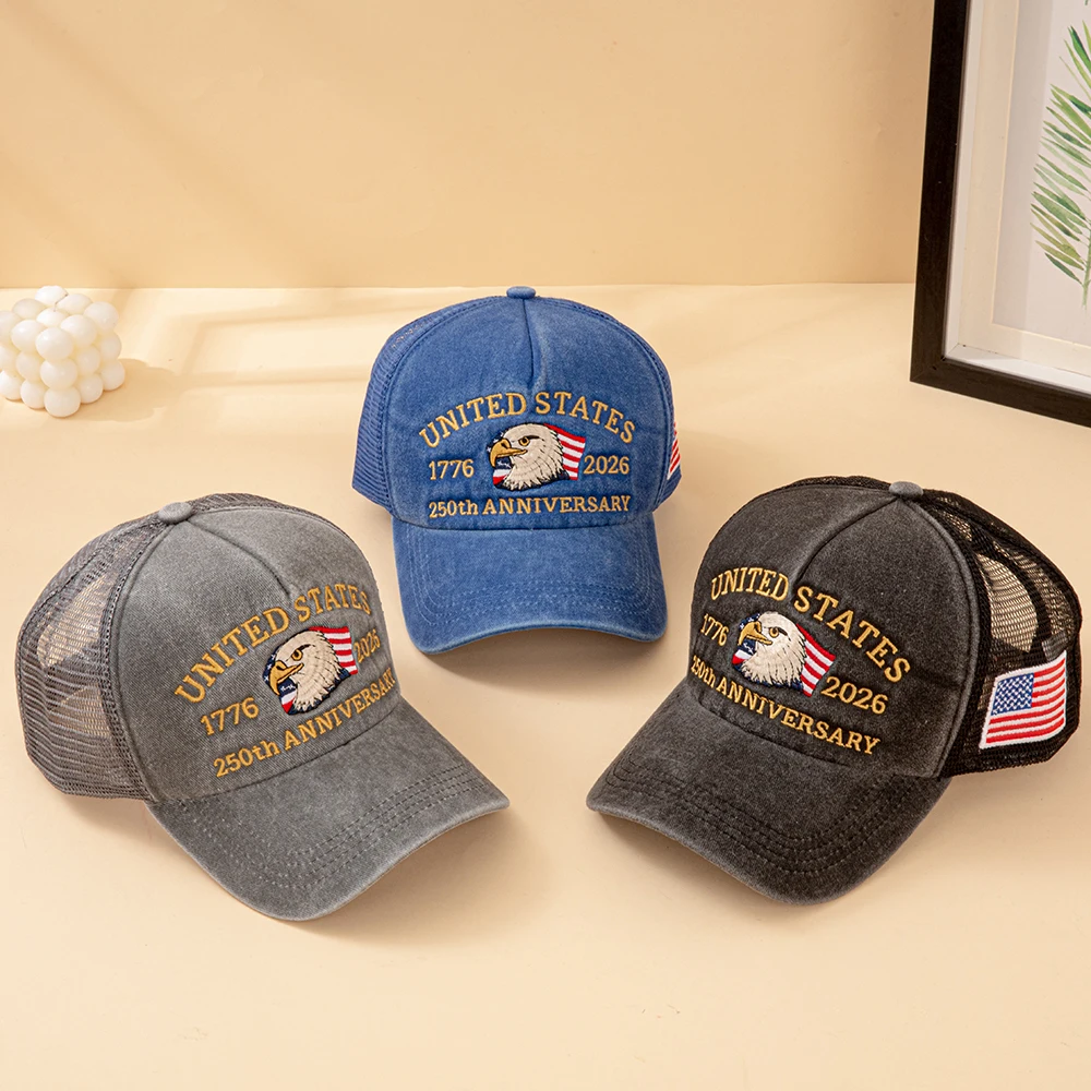United States 250th Anniversary 1776-2026 Bald Eagle Embroidered Washed Mesh Trucker Hat American Flag Adjustable Baseball Cap
