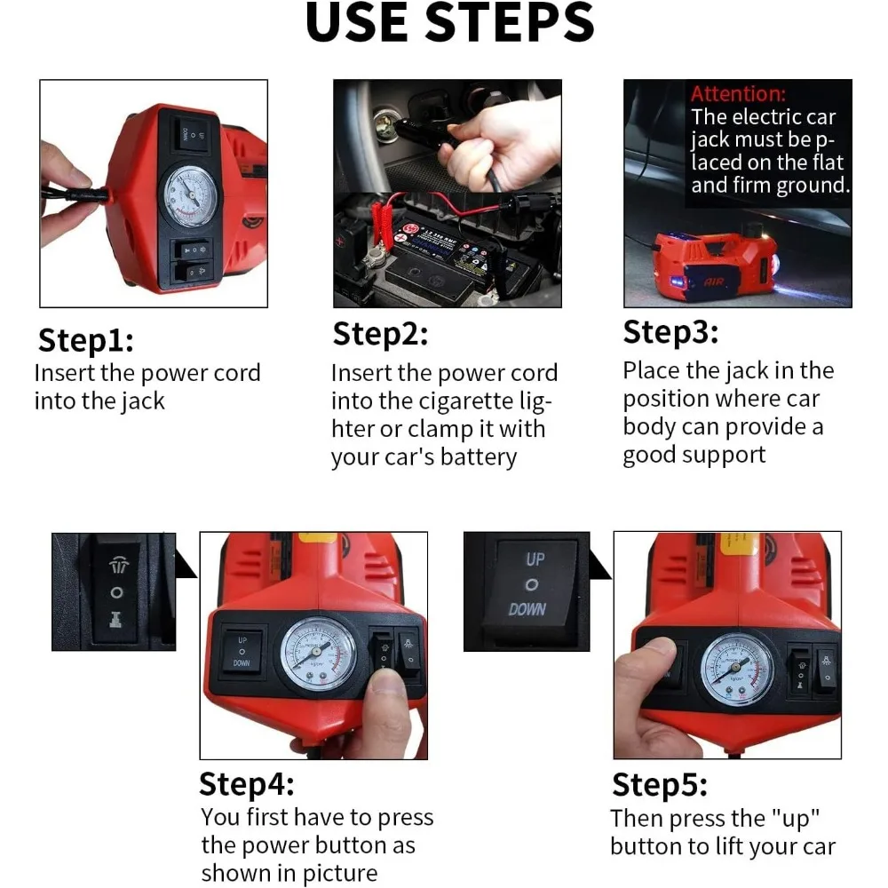 طقم جاك سيارة هيدروليكي كهربائي 5 طن 12 فولت محمول مع نطاق رفع 17.7 بوصة ومضخة نفخ الإطارات للمركبات المختلفة