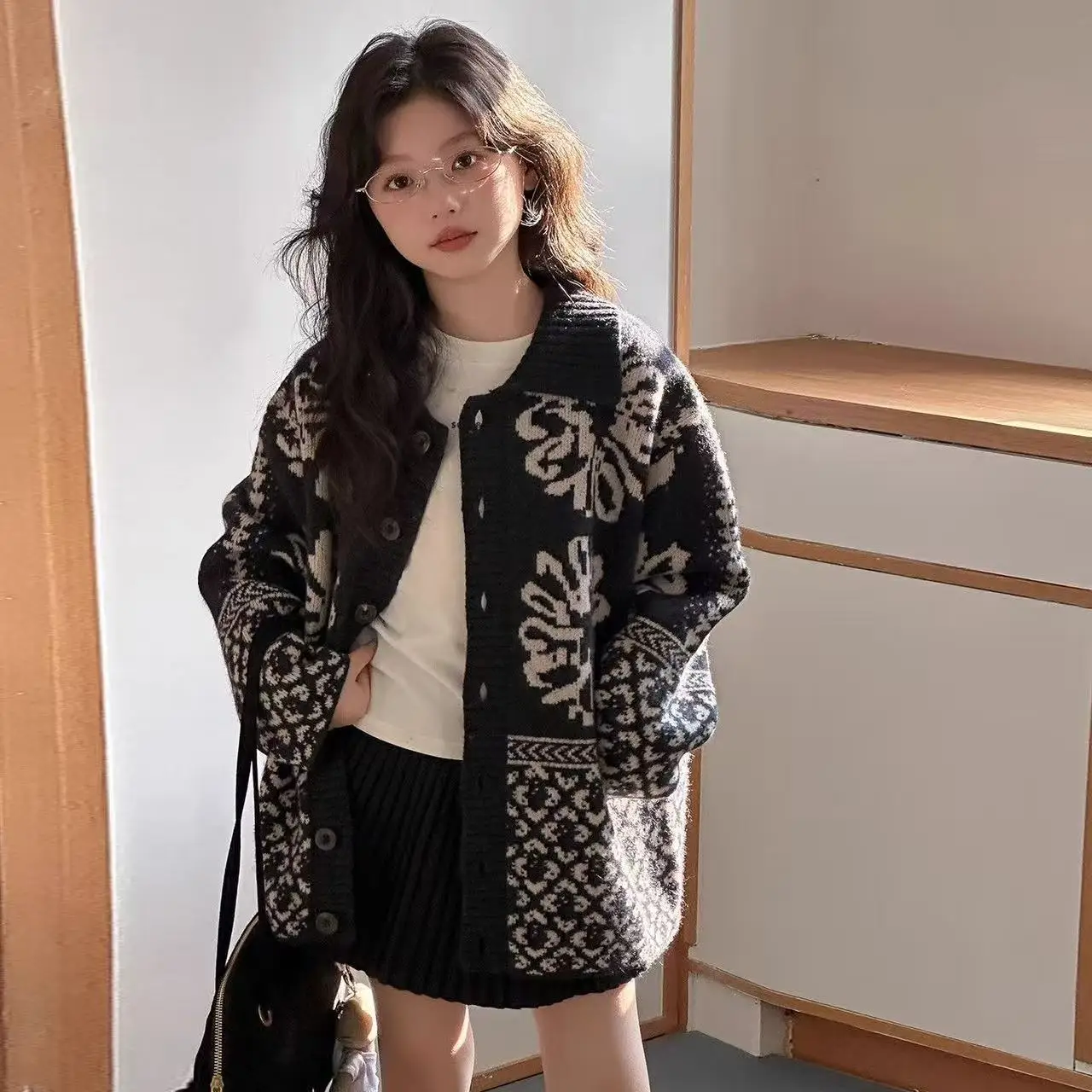 

Детский свитер для девочек, кардиган, осень-зима 2026, новое модное детское свободное вязаное пальто с цветочным принтом, 120-170 см