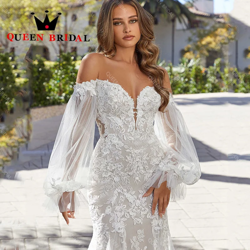 Illusion Tulle Appliques Lace Wedding Dress 2023 Mermaid Sweetheart Puff Sleeve Bridal Gown Vestidos De Novia Custom Y59N