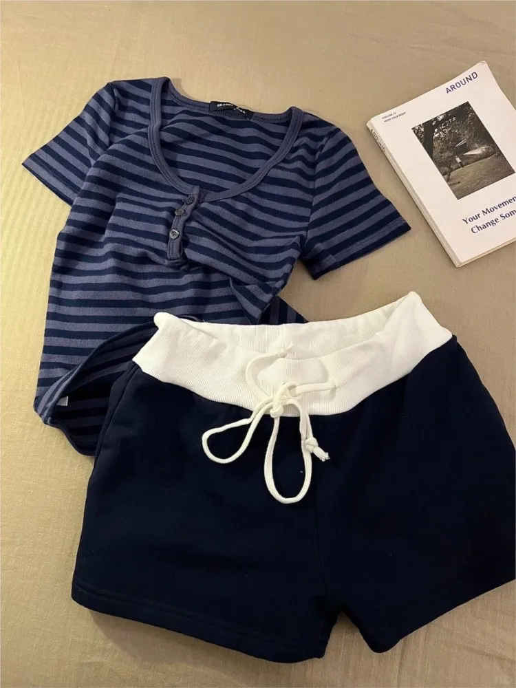 Conjunto de Camiseta y Pantalones Cortos a Rayas Azul Marino Vintage para Mujer, Camisetas de Algodón Ajustadas con Cuello Redondo + Sudadera Recta, Conjunto de 2 Piezas para el Hogar, Estilo Y2K