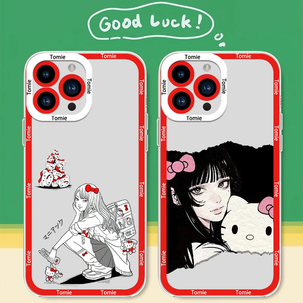 MINISO T-Tomie Kawakamis H-Hello K-Kittys Phone Case for iPhone 12 11 13 14 15 16 Max Pro Plus Transparent Bezel Cover