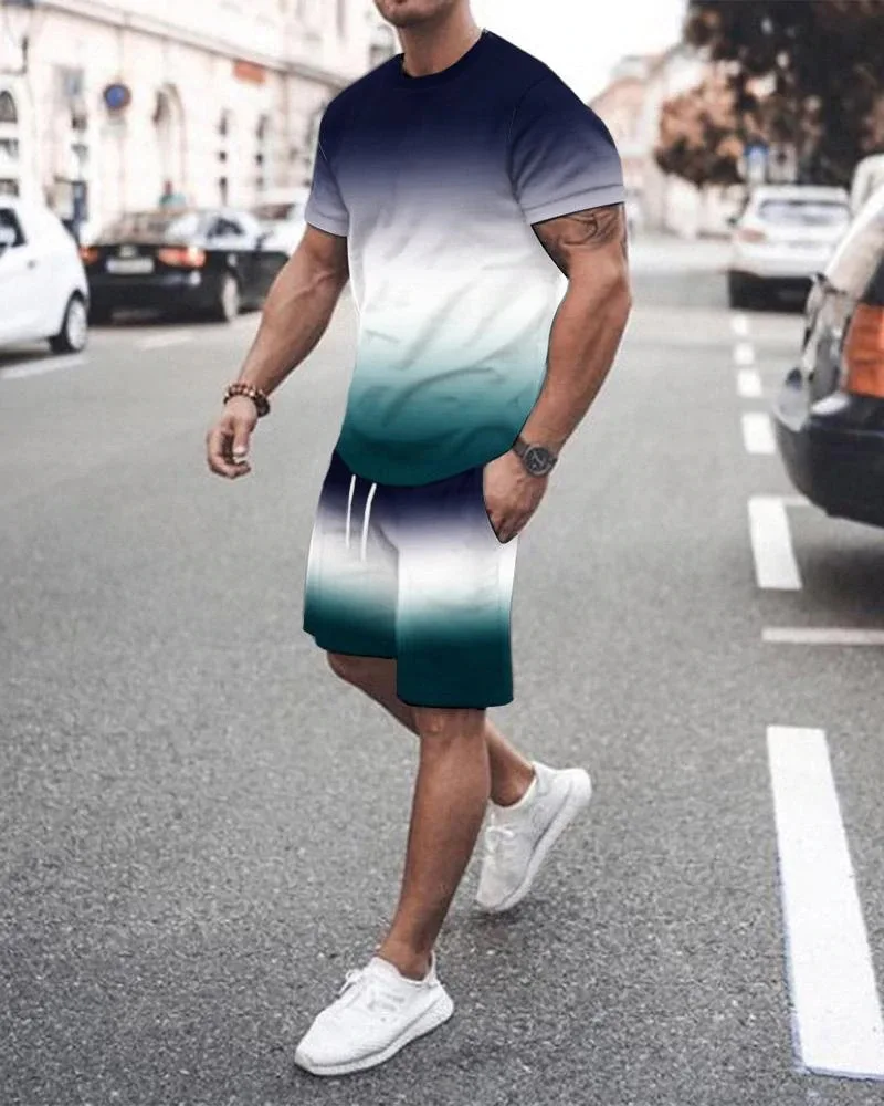 Terno masculino de verão gradiente cor impressão roupas masculinas 2 peça roupa de roupas esportivas de manga curta streetwear moda conjunto camiseta