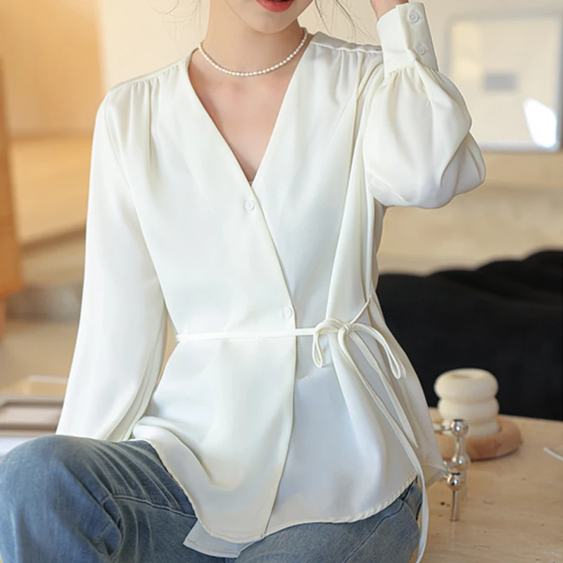 

QOERLIN Chic V Neck Long Sleeve Lace-Up White Shirts Women Button Up Loose Casual 2024 New Spring Summer Blouse Female S-XL Tops