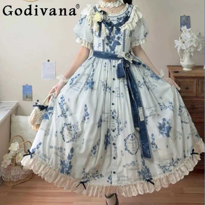 

Summer Embroidery Large Size Short Sleeve Lolita Cake Princess Dress Fashion High Waist A-line Versatile Lace Fairy Long Dresses