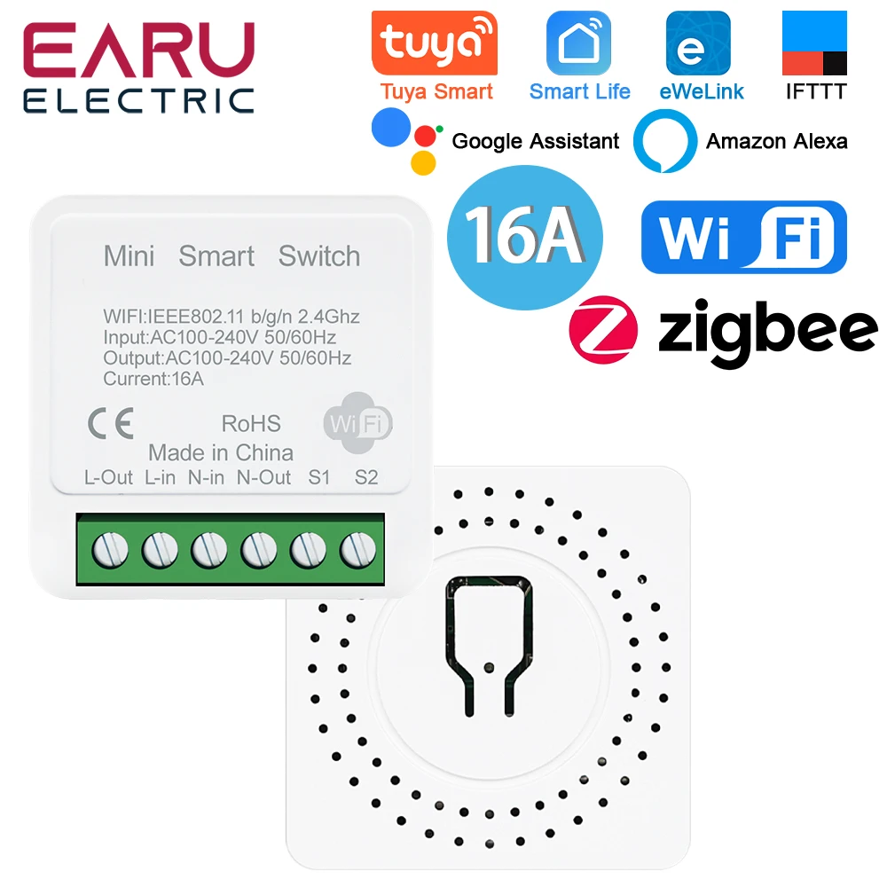 Picture: Tuya eWeLink WiFi ZigBee 16A 2 Way DIY Mini WiFi Smart Switch Breaker Module Timer Relay Voice Wireless Remote Control for Alexa