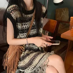 Fashion Mujer Casual Loose Long Vests New Summer Sleeveless Knitted Vest O Neck Striped Hollow Out Tassel Vintage PTKPCC