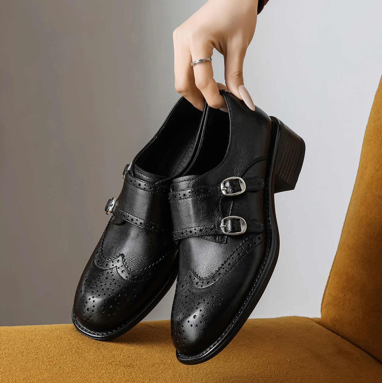 EAGSITY Cow Leather oxford shoes brogue shoes women's derby shoes casual work shoes square heel chunky heel block heel footwear