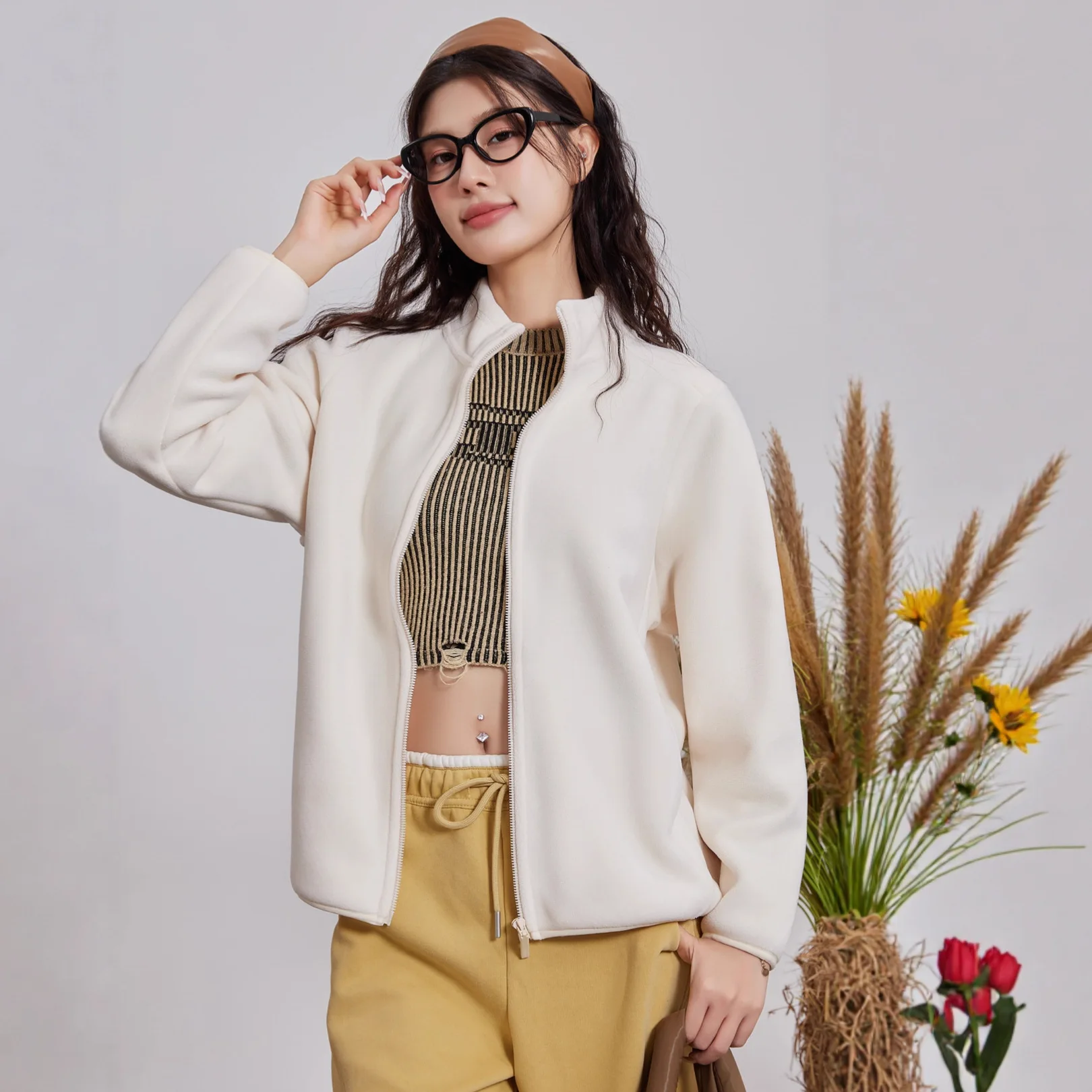 

Осенне-зимняя флисовая куртка для женщин, теплая куртка со стоячим воротником и длинными рукавами с флисовым замком