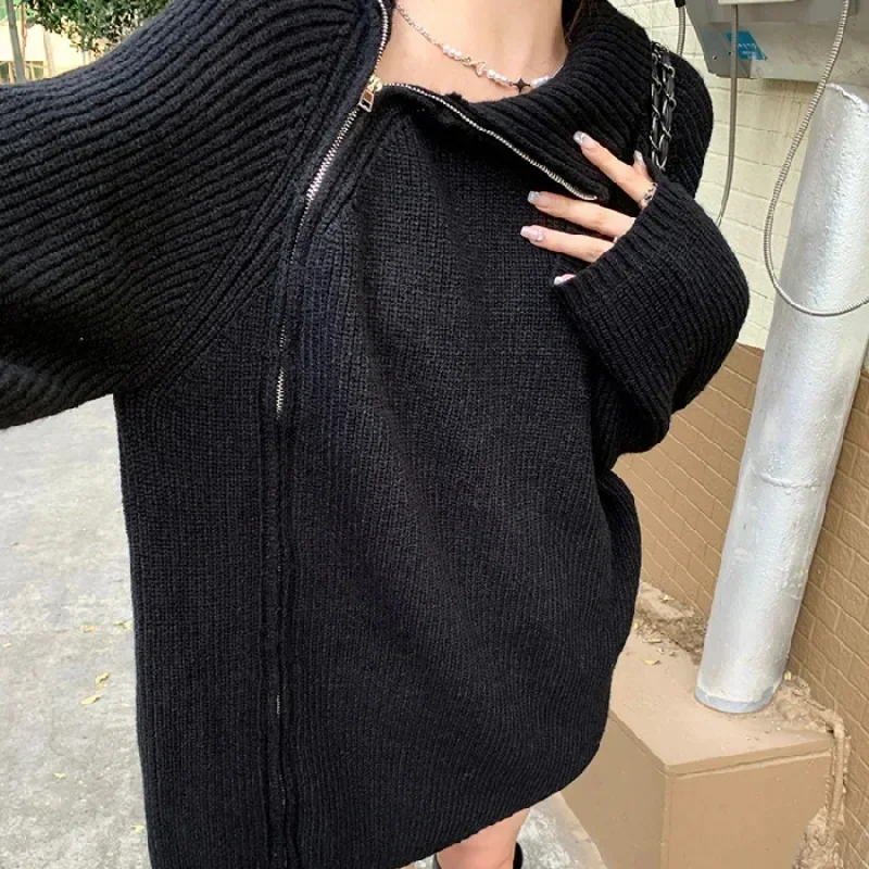 Autumn Winter Women's Zipper Oversize Korean Women Sweaters Knitwears Loose Thick Warm High Neck Solid Pullovers Women Y2k