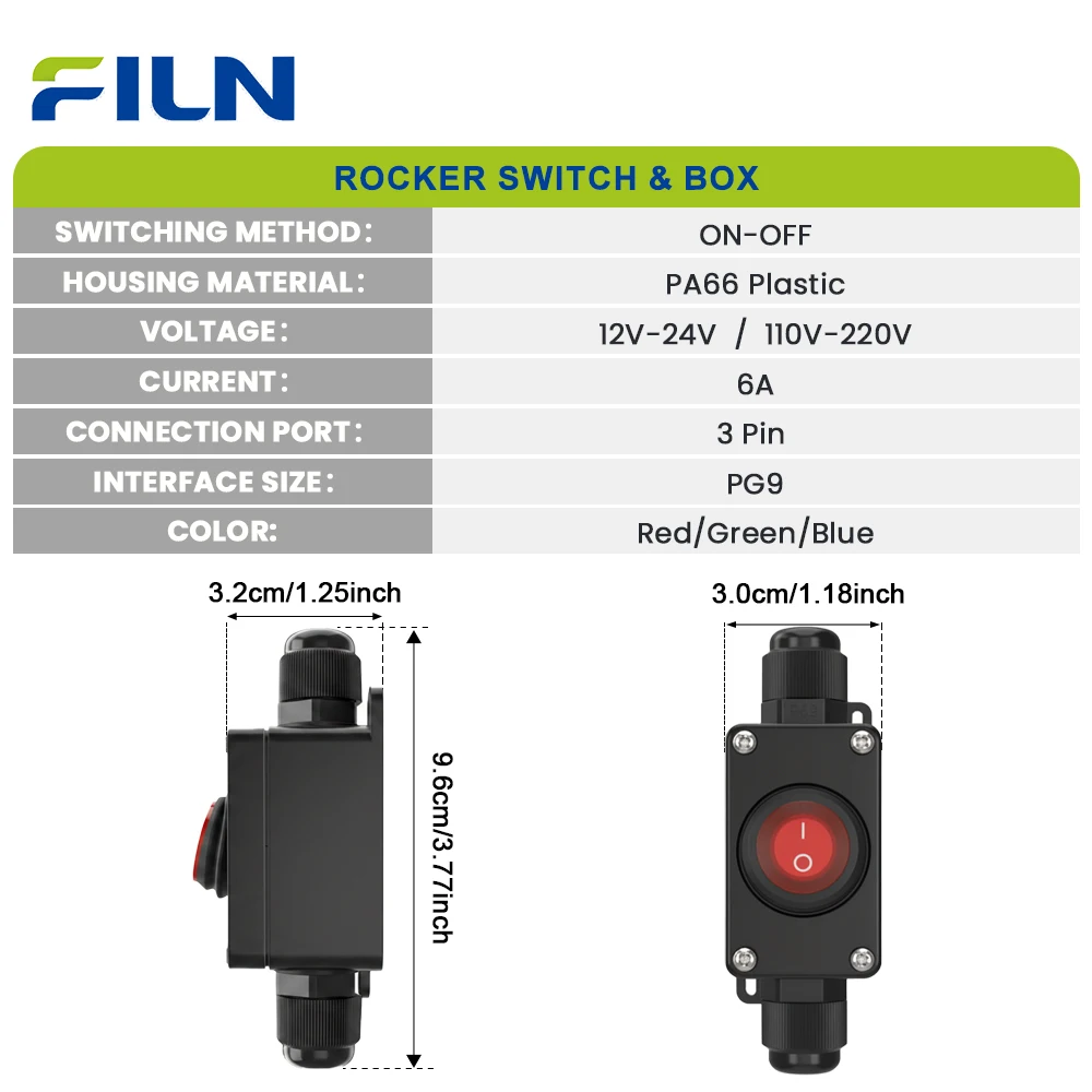 FILN Wasserdichte Anschlussdose Wippschalter IP65 Aufputzmontage 6A 12V 24V 110V 220V EIN/AUS-Schalter für Außenbereich, Boot, Industrie – Detail 2