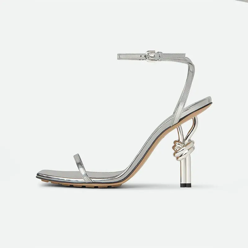 Women\'s square toe super high heels sandals, metal knot slim high heels, sexy, open mouth, fashionable, new