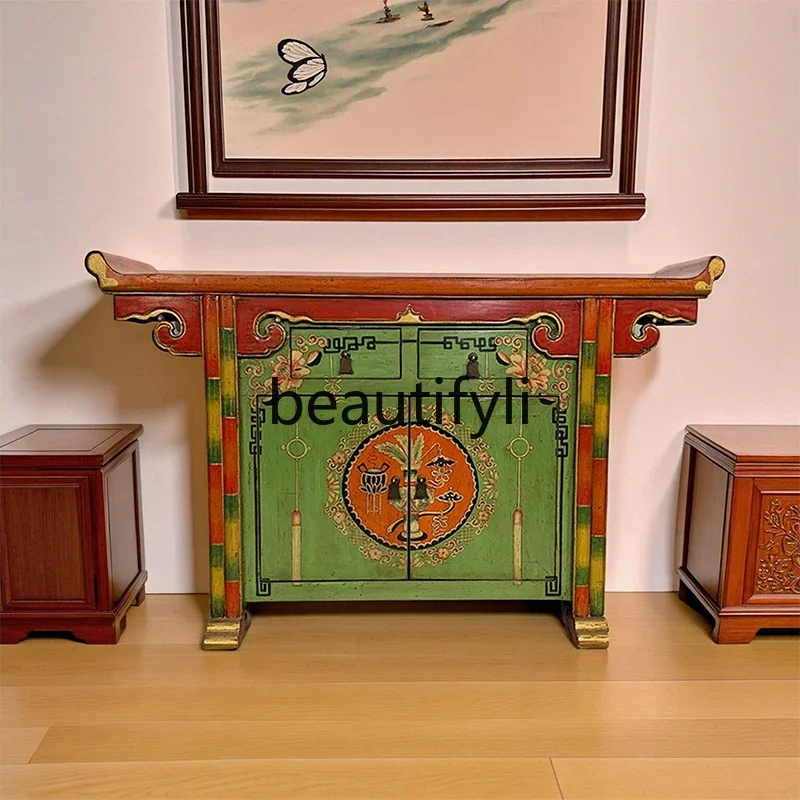 

LJYNew Chinese decorative elm porch cabinet, retro dining side cabinet, integrated wall storage solid wood storage cabinet