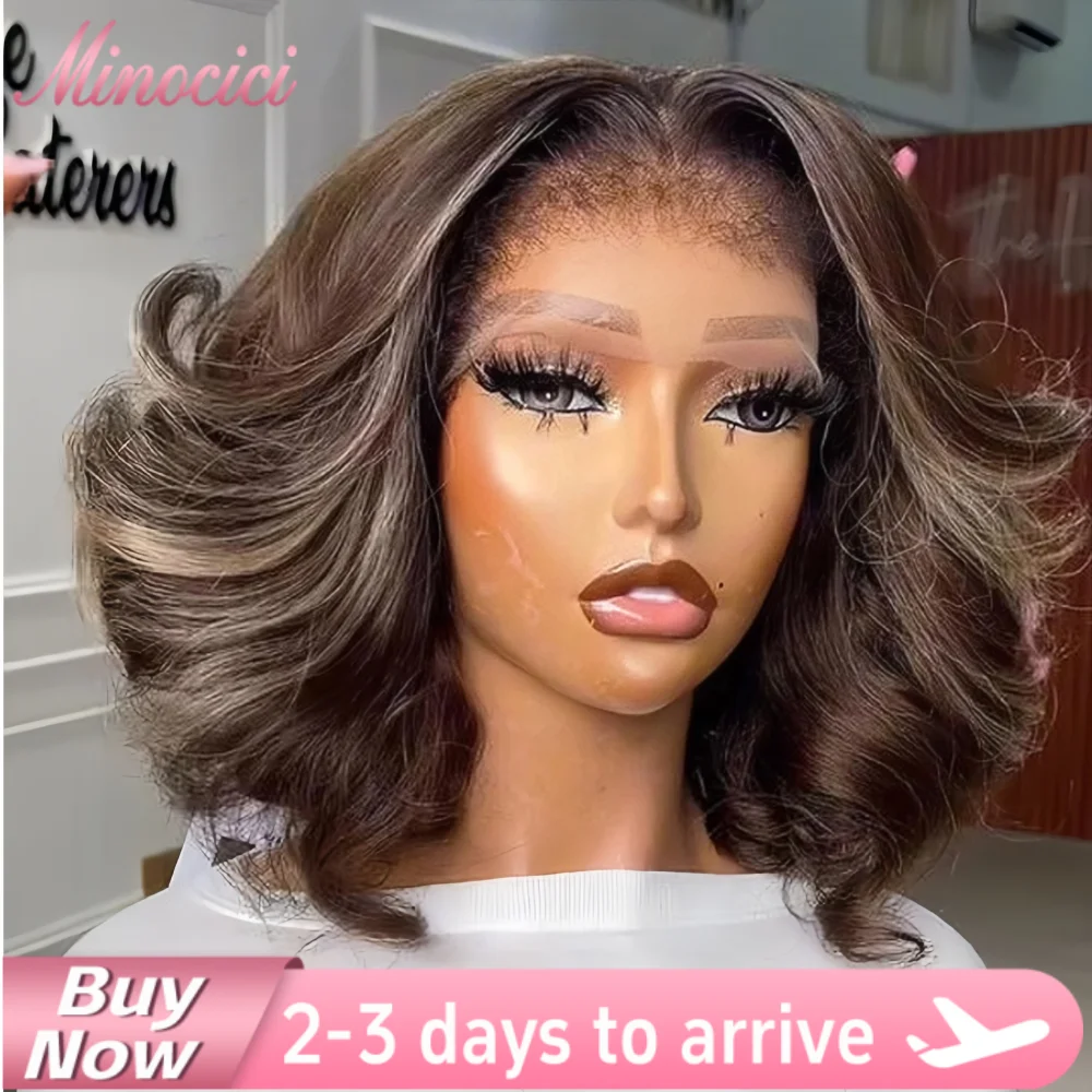 

Парик из натуральных волос Balayage Mocha Blowout Body Wave, готовый к использованию, с кружевной застежкой 4x4 и вьющимися концами, распродажа, настоящие человеческие волосы