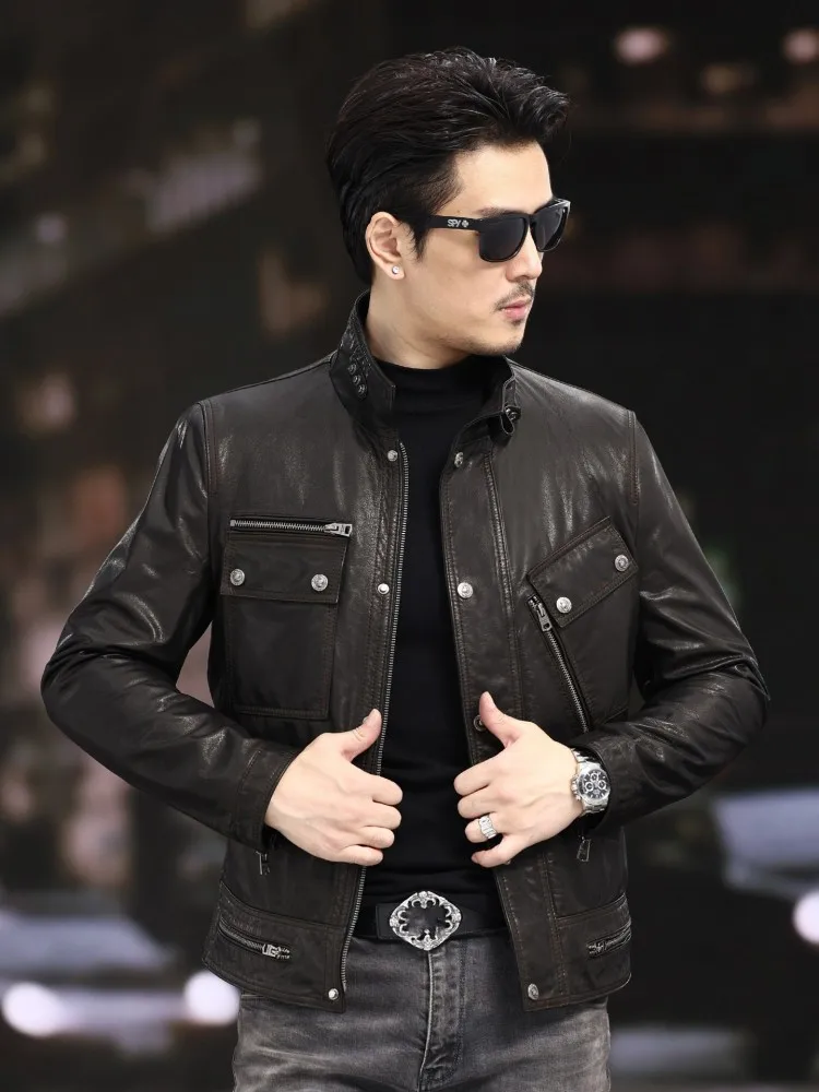 Autumn Winter Mens Stand Collar Multi Pockets Windproof Outwear Coat Cowhide Genuine Leather Jacket Motorcycle Biker Slim Jacket