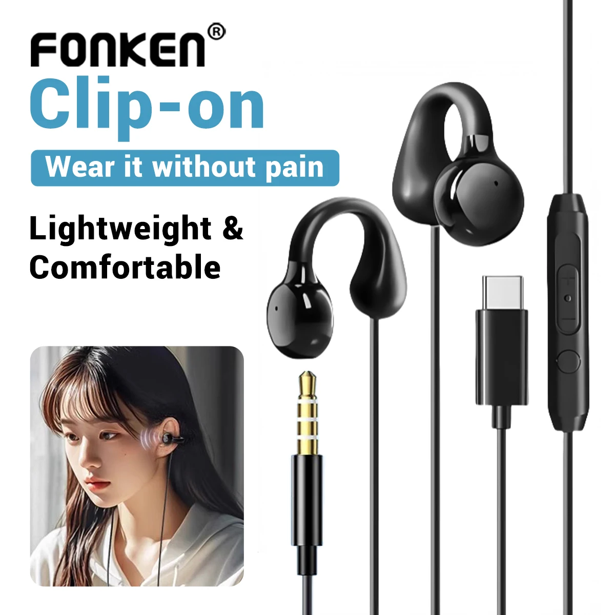 Wired Earphone Ear Bone Conduction Headphones Earclips Type C 3.5mm Wired Sport Earphones Headset with Mic for IPhone Samsung