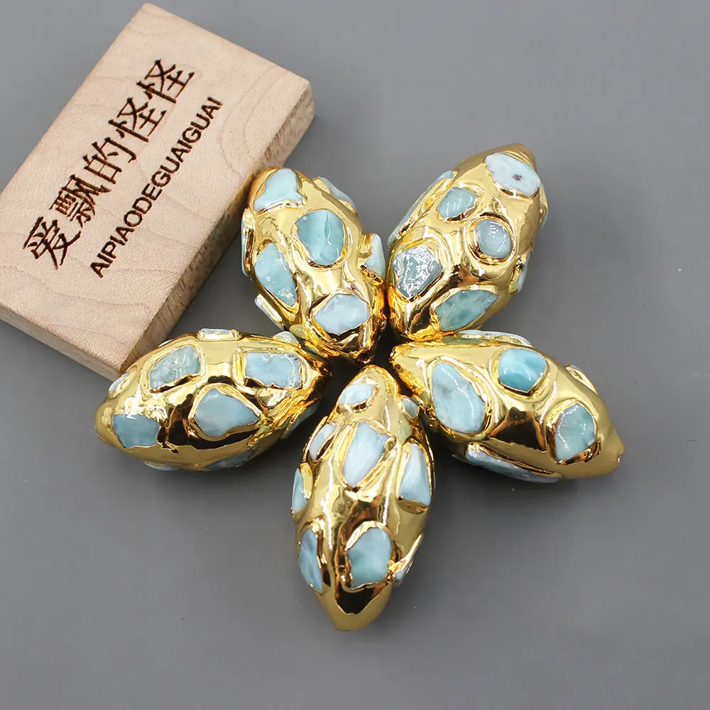 

APDGG 10 Pcs Natural Blue Larimar Spacer Loose Beads Finding Metal Plated Jewelry Making