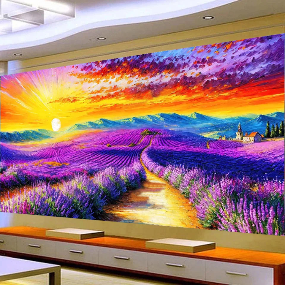 5D DIY Large Diamond Painting Cross Field Lavender Sunshine Landscape Wall Art, Full Round Drill, Embroidery Home Decor