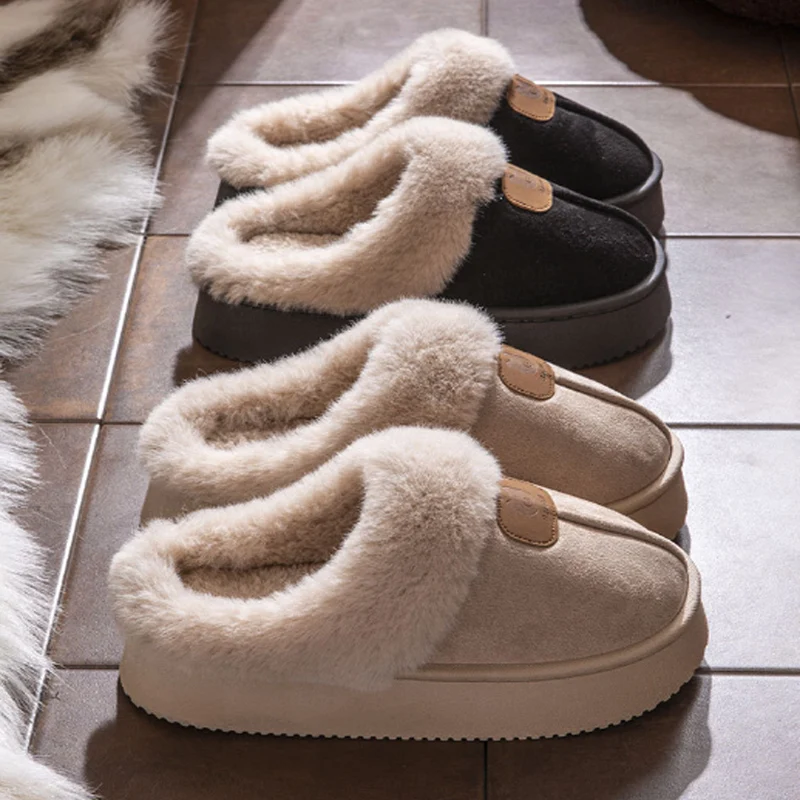 

Casual Fluffy Platform Soft Slippers for Women Plush Warm Cotton Shoes Non-Slip Platform Footwear Winter Unisex Home Slipper