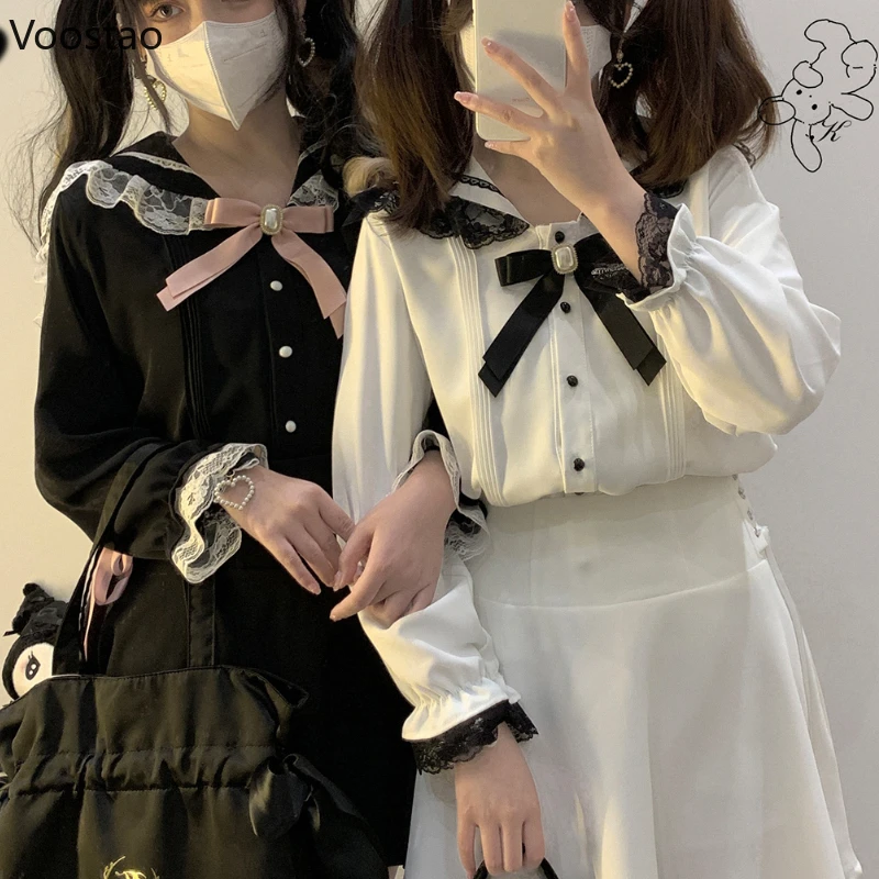 Japanese Sweet Lolita Style Blouses Women Kawaii Lace Sailor Collar Bow JK Shirt Preppy Style Girls Student Long Sleeve Tops