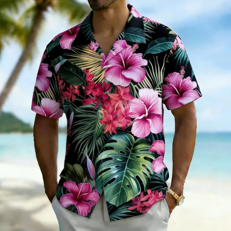 Men's Fashion Tropical Flower Print Short Sleeve Button Down Shirt Trendy Summer Style for Beach Vacation Party Daily Commute