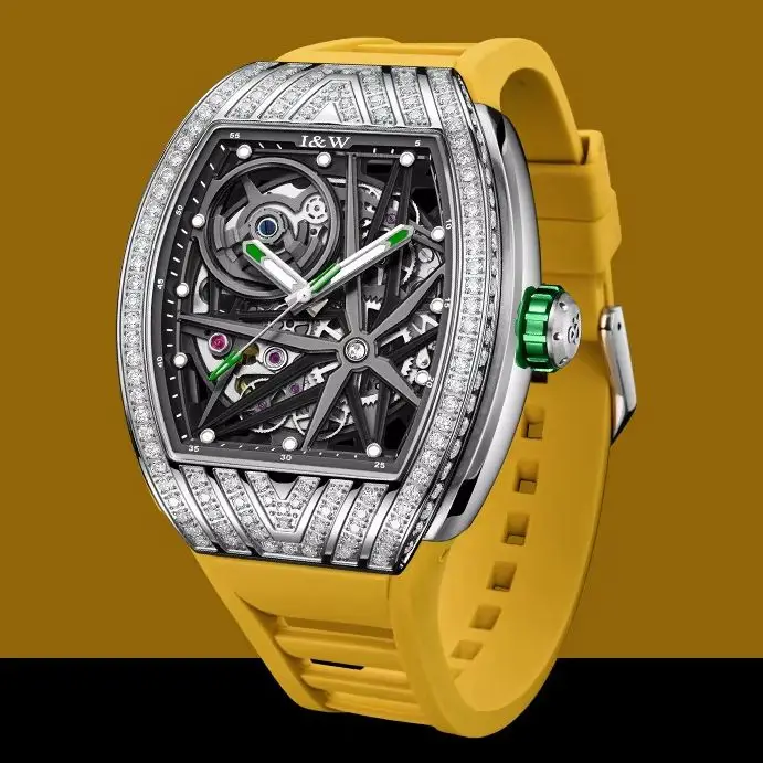 

Carnival Men Automatic Watch Luxury 43mm Tonneau Mechanical Wristwatch Luminous 5ATM Waterproof Zircon Bezel Skeleton Dial