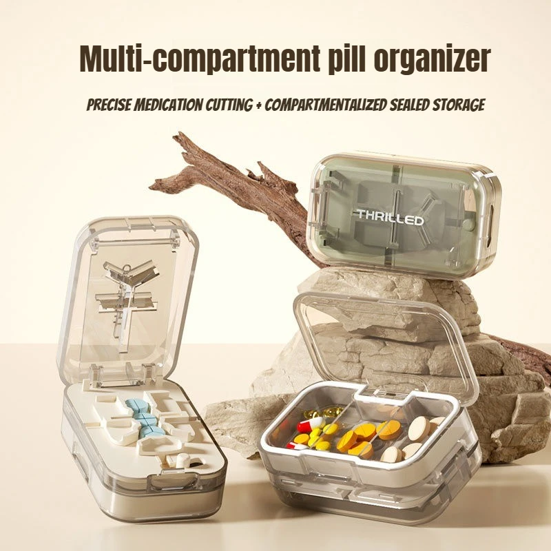 Compartment 1/2 1/3 1/4 Precise Pill Cutting Portable Medicine Organizer Multifunctional Pill Splitter with Storage