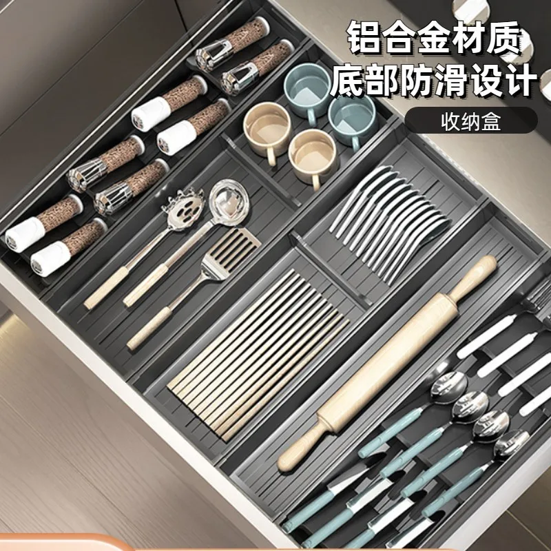 

Kitchen Cabinet Drawer Storage Box Space Aluminum Household Built-in Knives and Forks Chopsticks Storage Box Tableware Storage