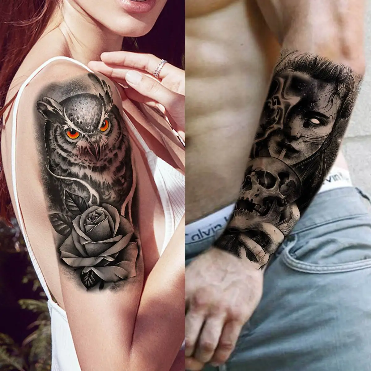 Tatuajes temporales de manga grande para hombres y mujeres, pegatina de tatuaje falso para antebrazo, tigre negro, León, búho, Calavera, tatuajes