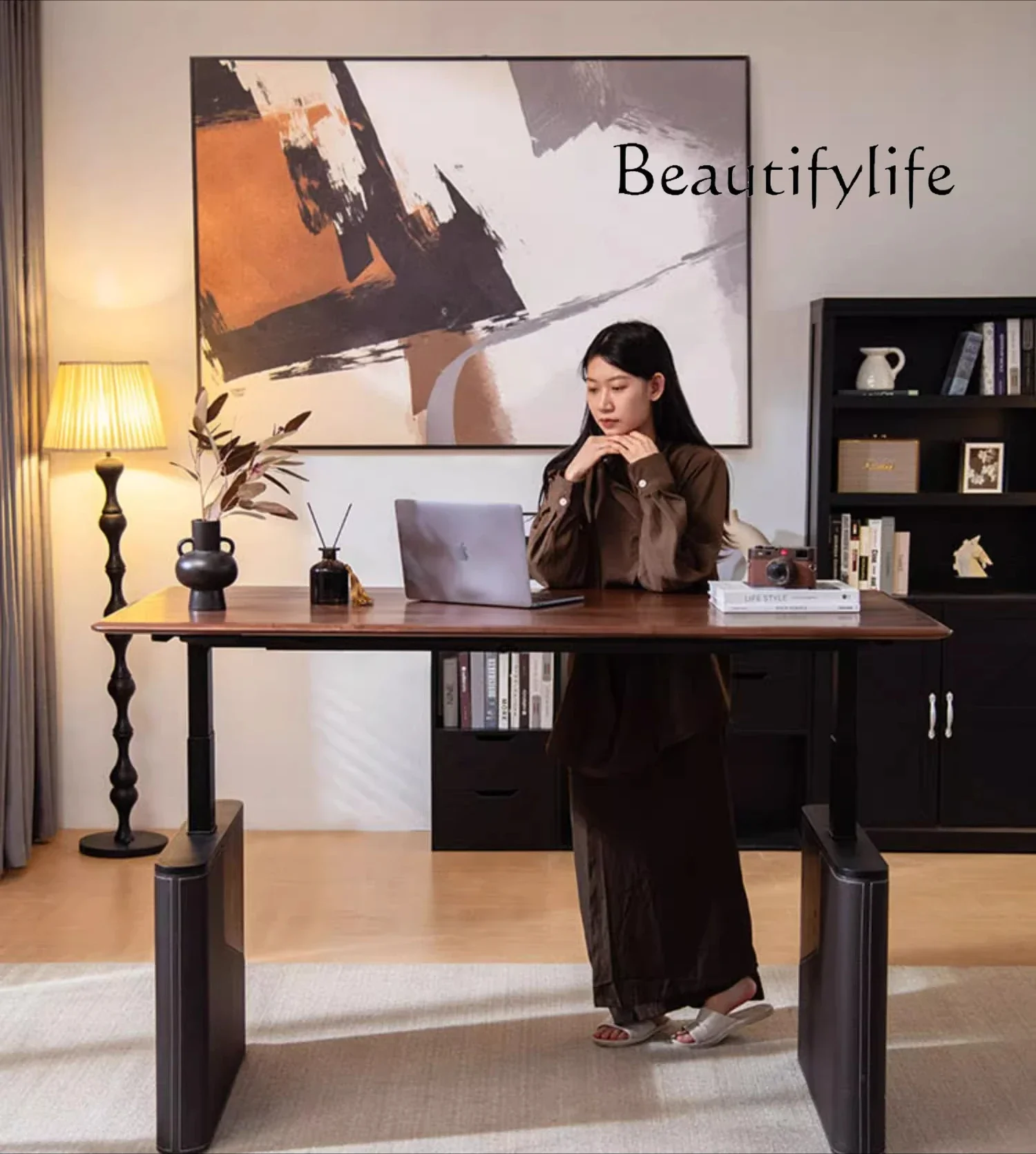 

Solid wood desk black walnut electric lifting table light luxury desk double computer desk