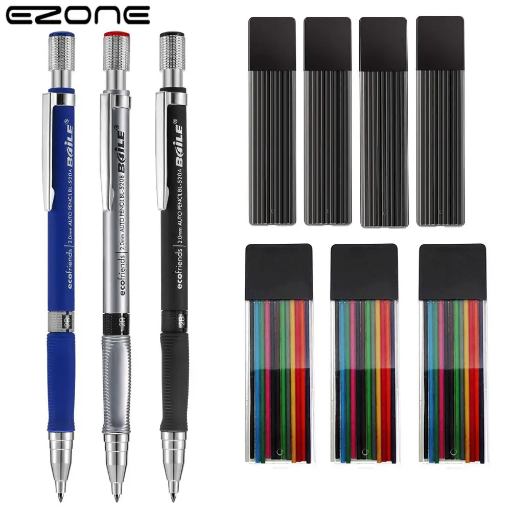 EZONE 10 PCS 2mm Mechanical Pencil Set Drafting Pencil for Art Drawing Writing Sketching Construction With 72Refills Black Color