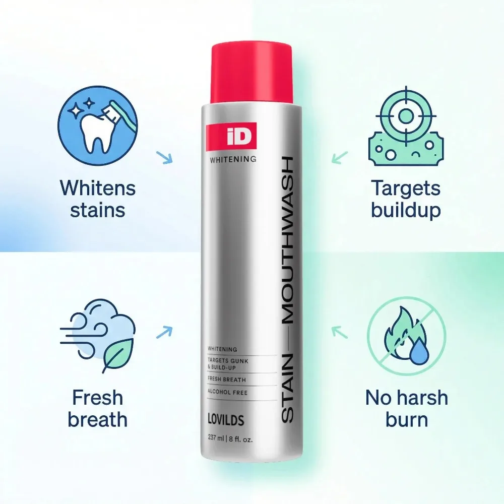 

Ополаскиватель для рта Hismile ID Stain Whitening без спирта, для свежего дыхания, отбеливания зубов, удаления остаточных пятен и загрязнений, уход за полостью рта