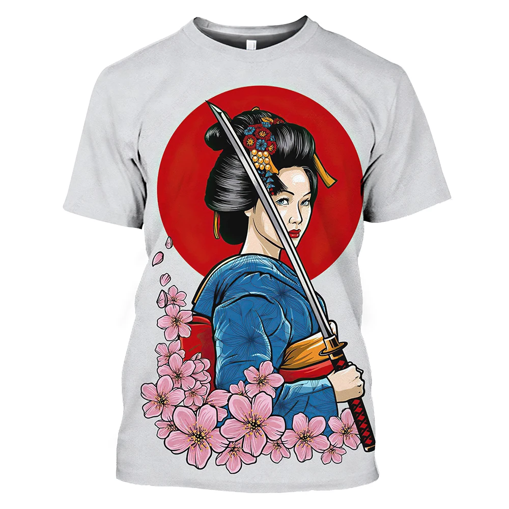 Summer Fashion Japanese Geisha cool T shirt Men Casual Fun Personality harajuku Printed Round Neck Short Sleeve streetwear Top