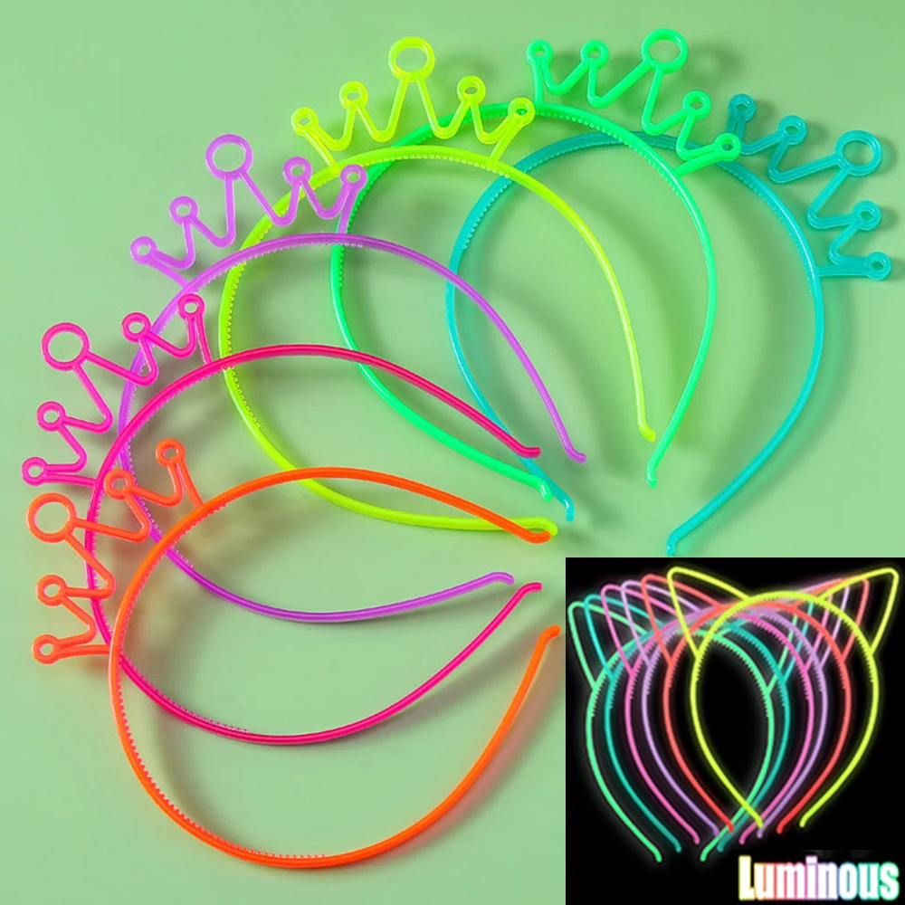 Fashion Fluorescent Luminous Hair Hoop Cute Cat Ears Crown Shaped Hairband for Women Girls Birthday Party Headband Accessories