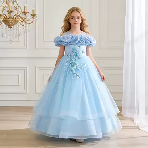 Summer Flower Wedding Party Girls Dress Elegant Tulle Bridesmaids Birthday Princess Prom Dress for Girls Graduation Evening Gown