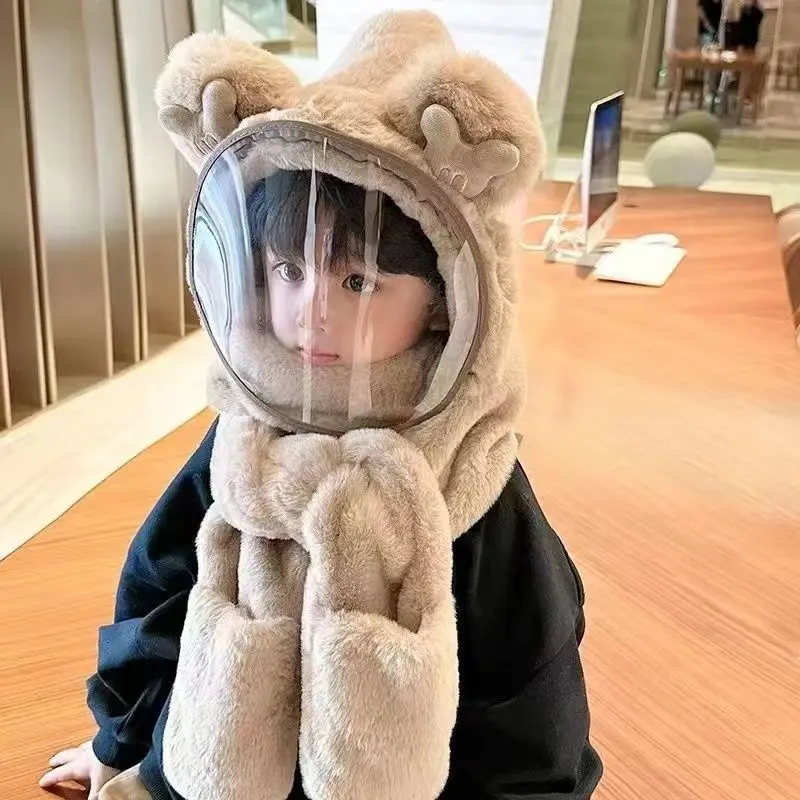 

Детские шапки, осенне-зимние однотонные теплые и бархатные милые детские шапки, шарф для мальчиков и девочек, интегрированная шапка