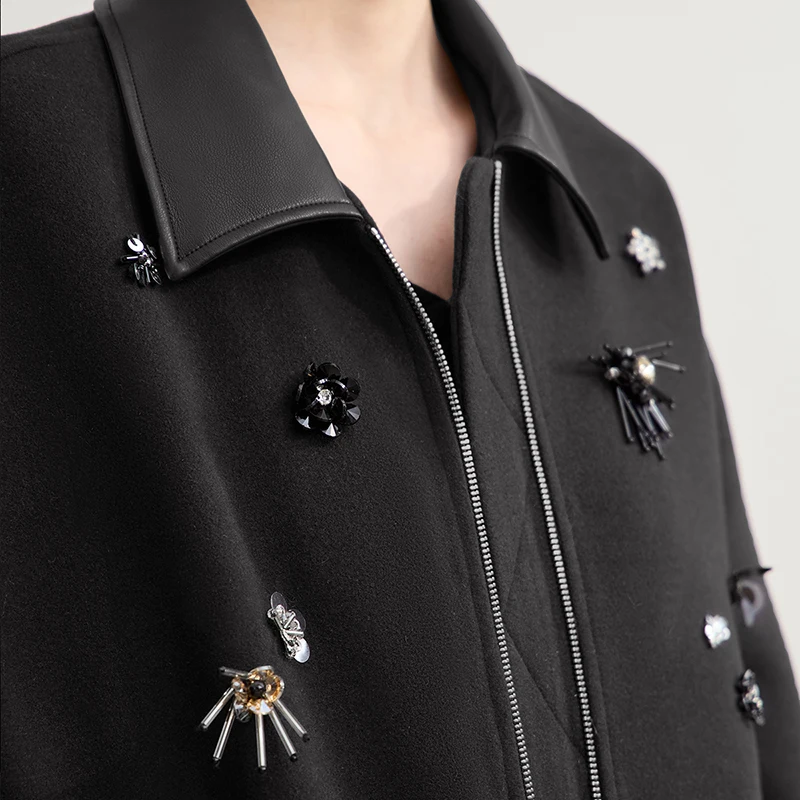 AMII chaqueta de mujer 2025 invierno nuevo suelto medio y largo PU cuero Top solapa femenina cálido versátil abrigo de lana mujer 12554053