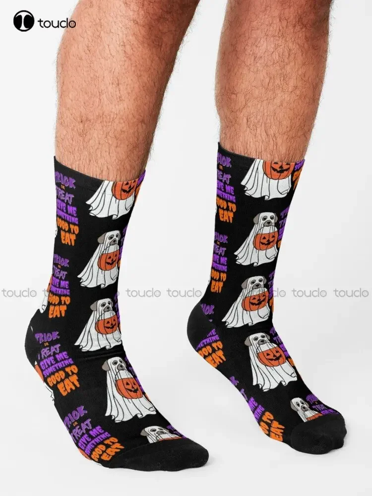 Trick Or Treat Give Me Something Good To Eat Funny Halloween Dog Ghost Quote Socks Mens Socks Creative Funny Socks Custom Gift