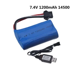 Batería de iones de litio para juguetes eléctricos, piezas de repuesto para pistola de balas de agua, 14500 V, 7,4 mah, cargador USB para coches teledirigidos, 7,4, 1200 V