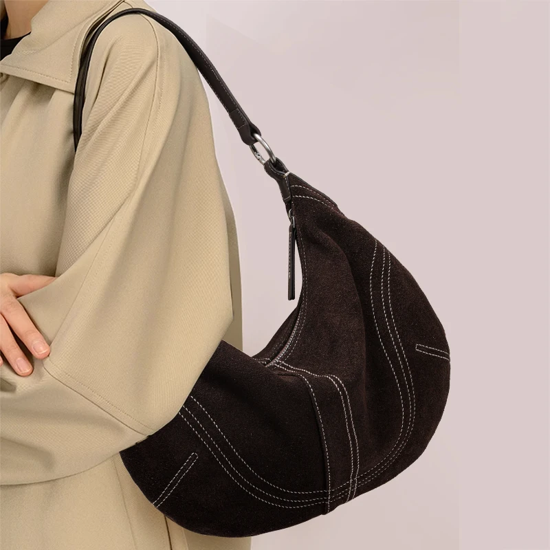 

Aidanni Cowhide Suede Underarm Bag for Women, 2026 New Semi-circular Bag, Shoulder & Crossbody Bag, High-end Casual Ladies