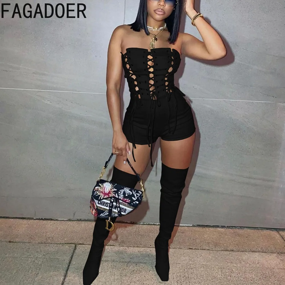 FAGADOER Fashion Hollow Out Lace Up Bodycon Rompers Women Off Shoulder Sleeveless Backless Slim Jumpsuits Sexy Female Streetwear