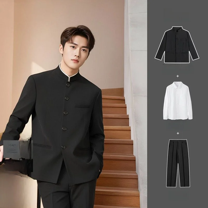 

Новый китайский свадебный костюм с воротником-стойкой для мужчин, деловой официальный наряд с двойным разрезом, осенний сезон, специальная широкая посадка