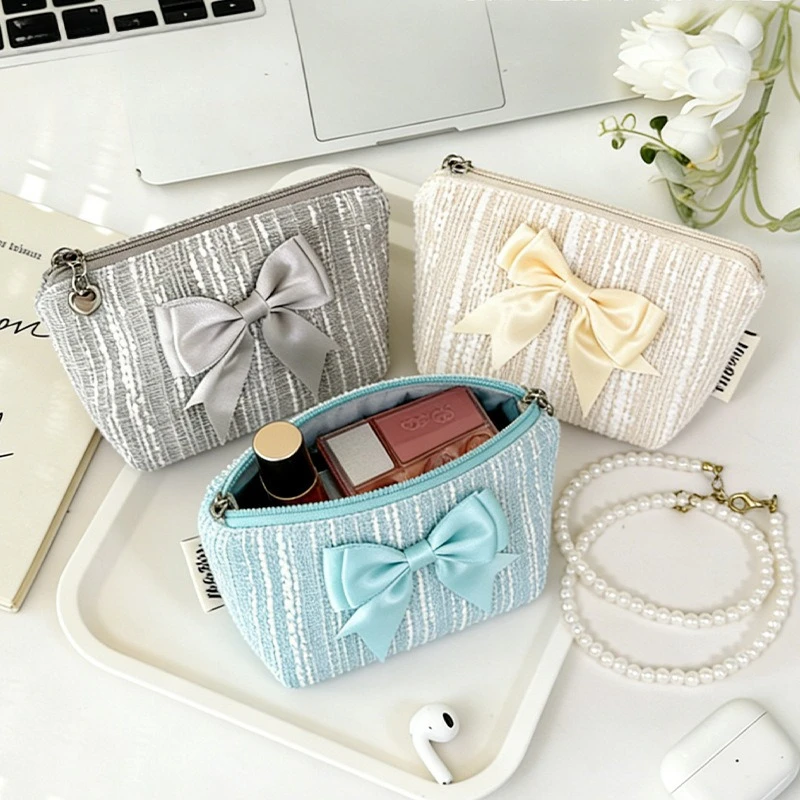 Elegant Tweed Bow Mini Cosmetic Pouch, Satin Bow Zipper Small Makeup Bag, Portable Coin Purse for Lipstick Cards Earphones