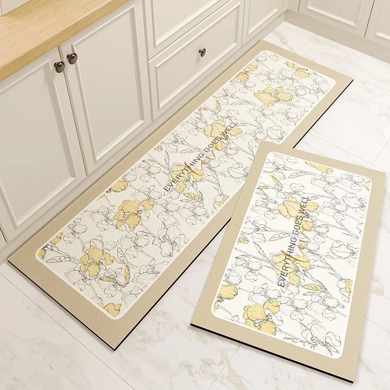 Polymères de sol en PVC imperméables pour la cuisine, tapis en cuir non ald, tapis de pied résistants à l'huile, motif de fleurs roses, décoration de la maison, tapis en vinyle lea