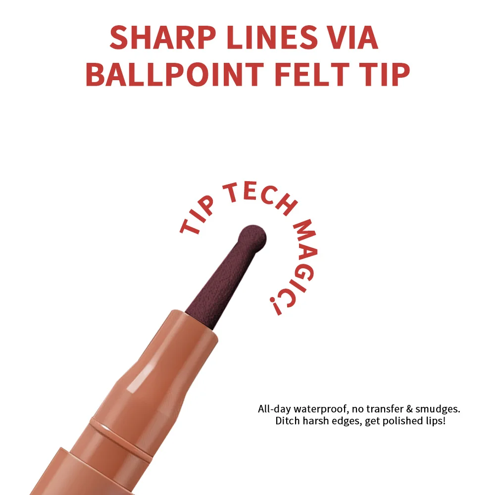 Lakerain delineador labial à prova d'água, à prova de transferência, de longa duração, estilo caneta, cabeça de feltro, design blendável, caneta para manchas
