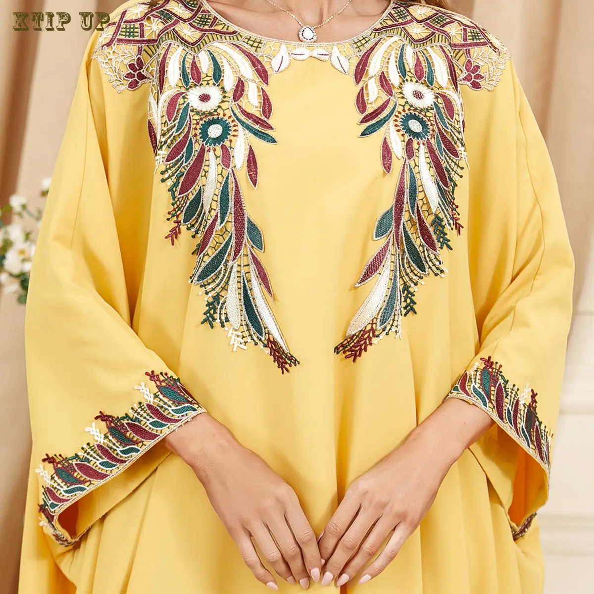 Middle East Yellow Bat Sleeve Kaftan, Dubai, Moroccan, Loose, Large, Abaya, Turkish, Muslim, Arab, Fashion