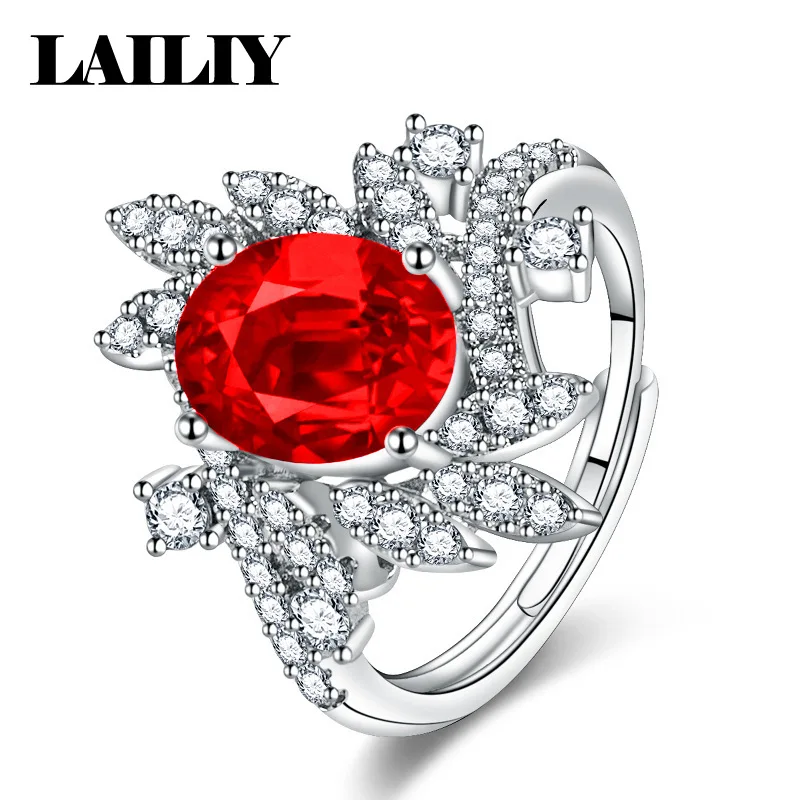 LAILIY925 Sterling Silver Leaf Shaped with Diamonds Rubies Sapphires Adjustable Ring for Man Women Fashion Jewelry