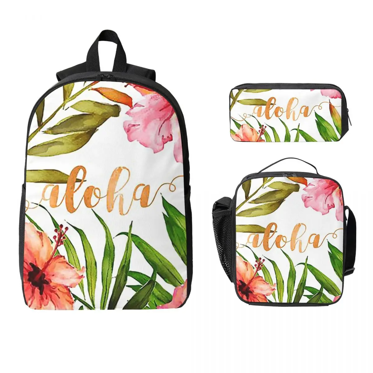 

Aloha Tropical Hawaiian Floral Watercolor Backpack Student Boys Girls BookBag School Bag 3ps Insulated Lunch Bag Pencil Case