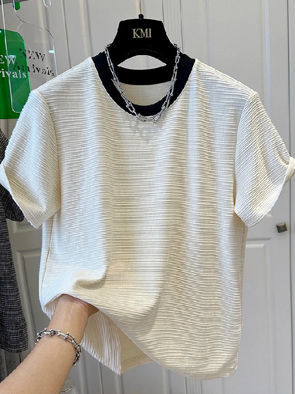 

plus Size Women's T-Shirt Short Sleeve Loose Fit Summer Top Color Block Texture Breathable Polyester Base Shirt for Heavy Women