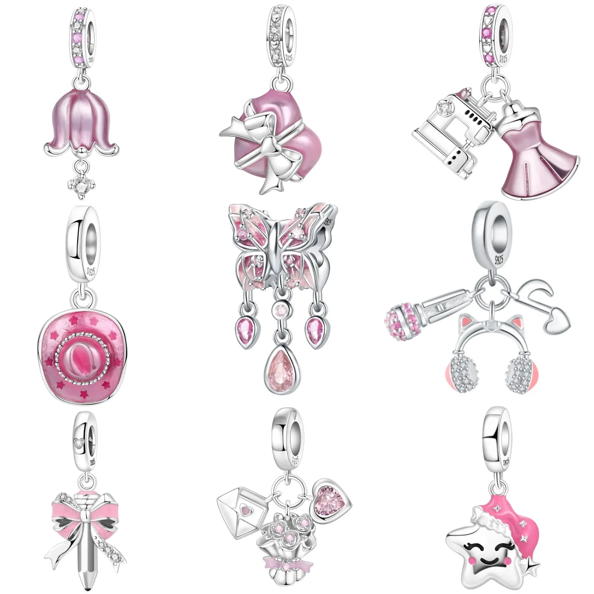 MISEFF S925 Sterling Silber Charm, exquisiter rosafarbener Liebesherz-Geschenkanhänger für Original-Armband, DIY-Schmuckherstellung, Geschenk für Frauen